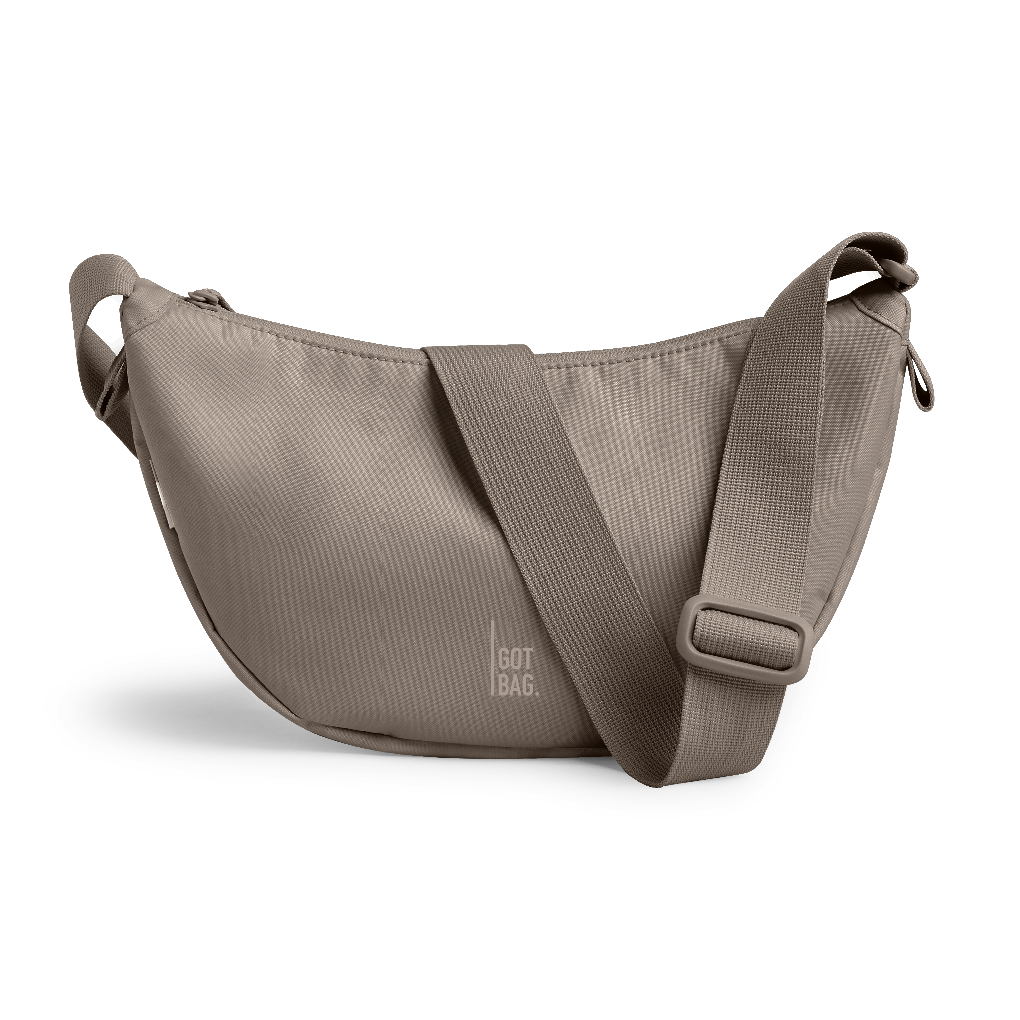 MOONBAGSMALLMONOCHROME tas in seal (donkere beige tint) als studio-opname in vooraanzicht.