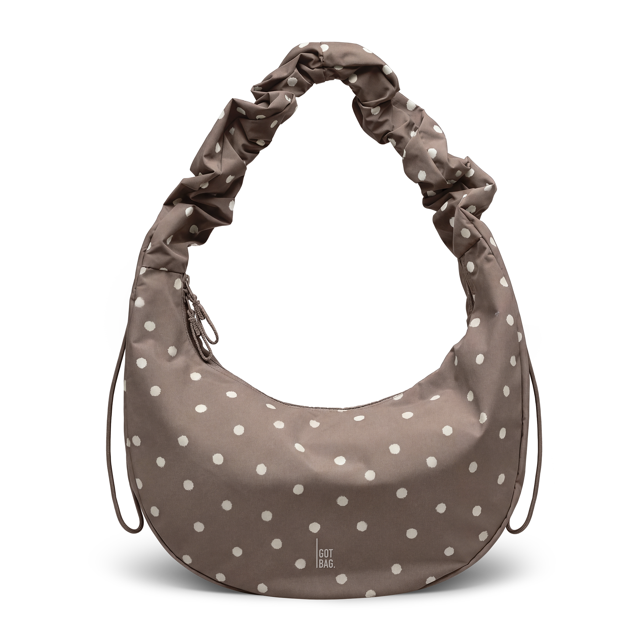 MOONBAGRUFFLEDOT bag in oyster (classic taupe-brown) with white dots, front view.