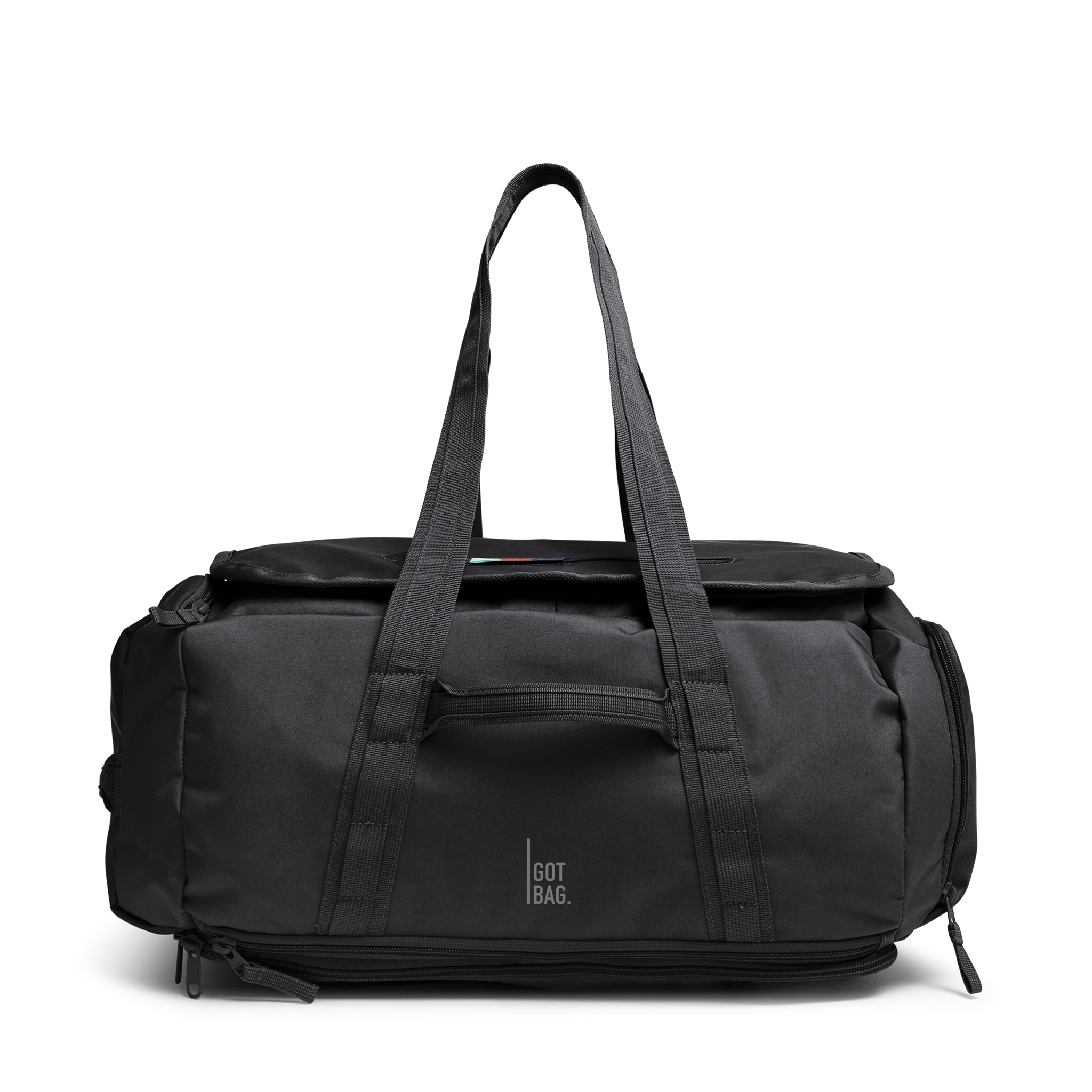 DUFFLE PACK Tasche in black (Schwarz) mit Tragegriffen, Reißverschlüssen und farbigem Detail in Frontansicht.