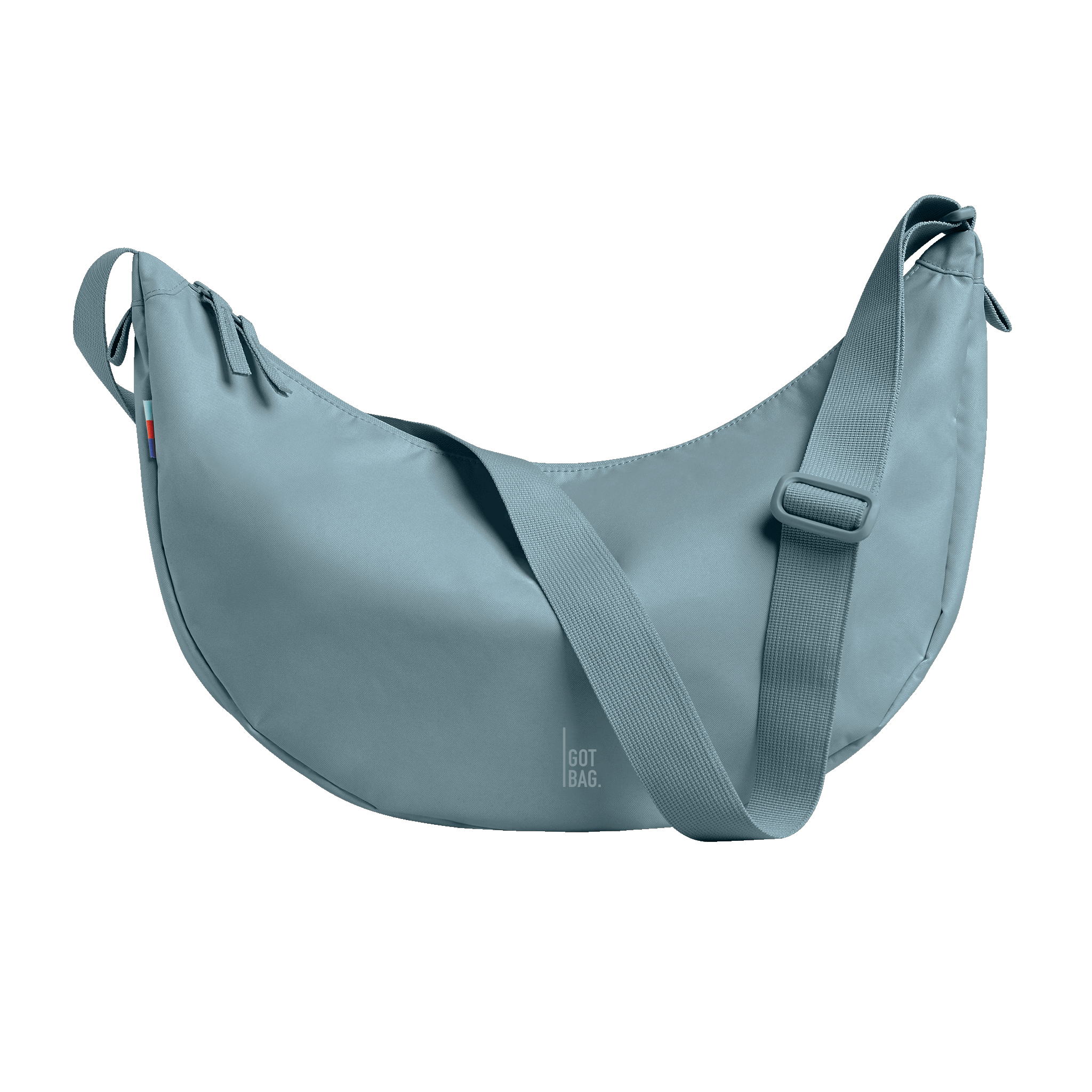 MOON BAG LARGE borsa in salty blue (azzurro chiaro tendente al grigio) come scatto in studio con vista frontale.