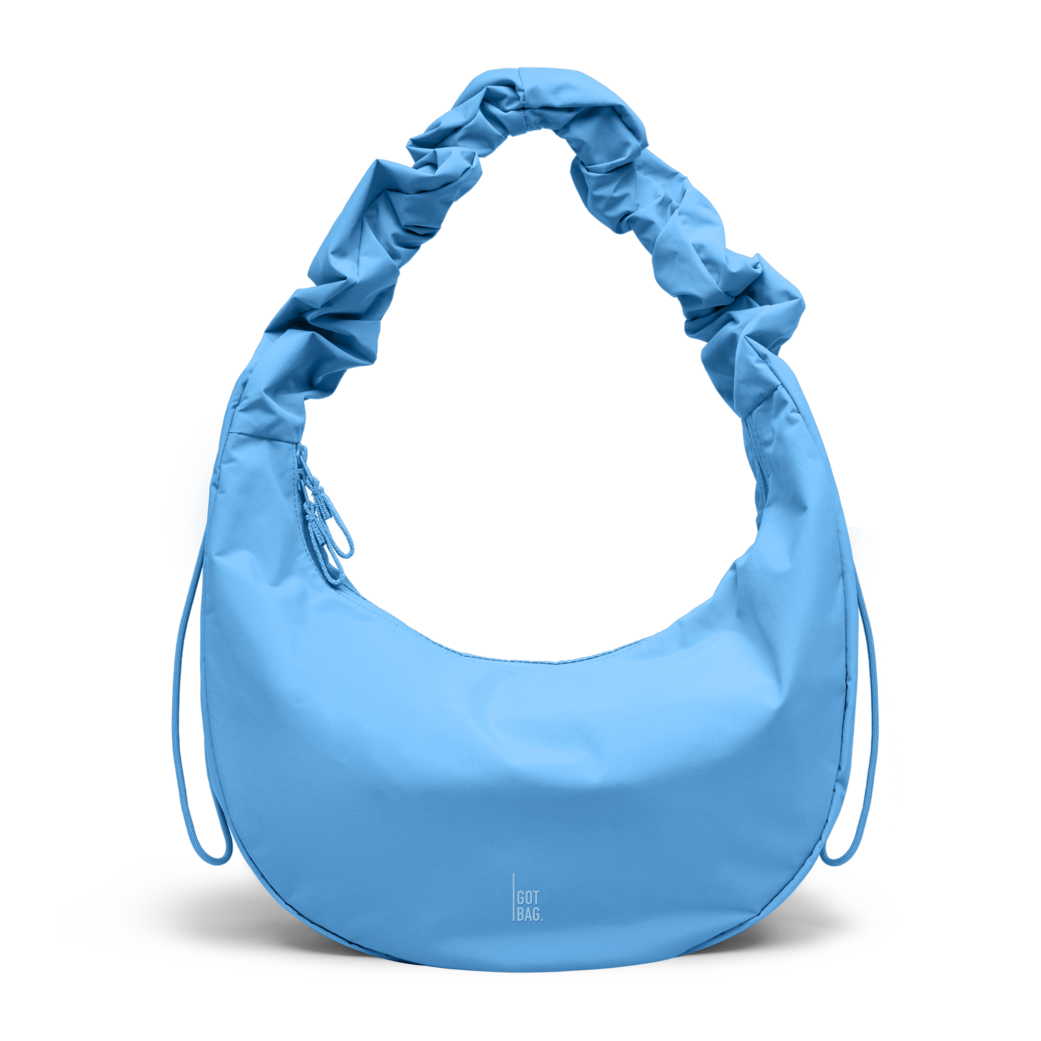MOON BAG RUFFLE bag in aqua (vibrant light blue) as studio shot in front view.