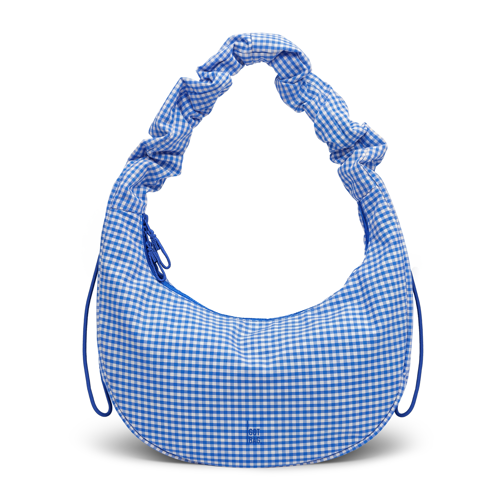MOON BAG RUFFLE tas in vichy cobalt (Blauw-beige geruit) als studio-opname in vooraanzicht.