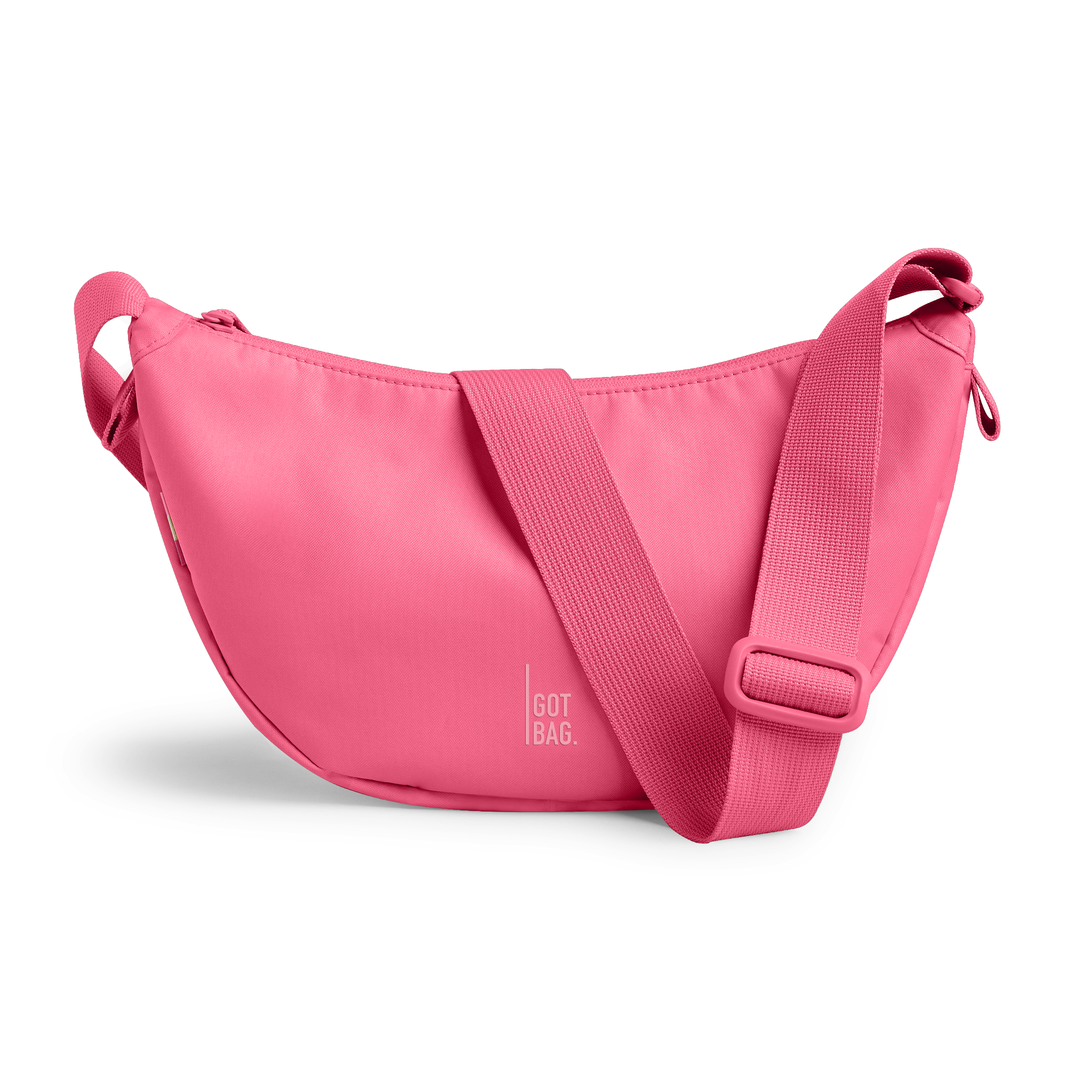 MOON BAG SMALL bag in salina pink (vibrant pink) studio shot in front view.