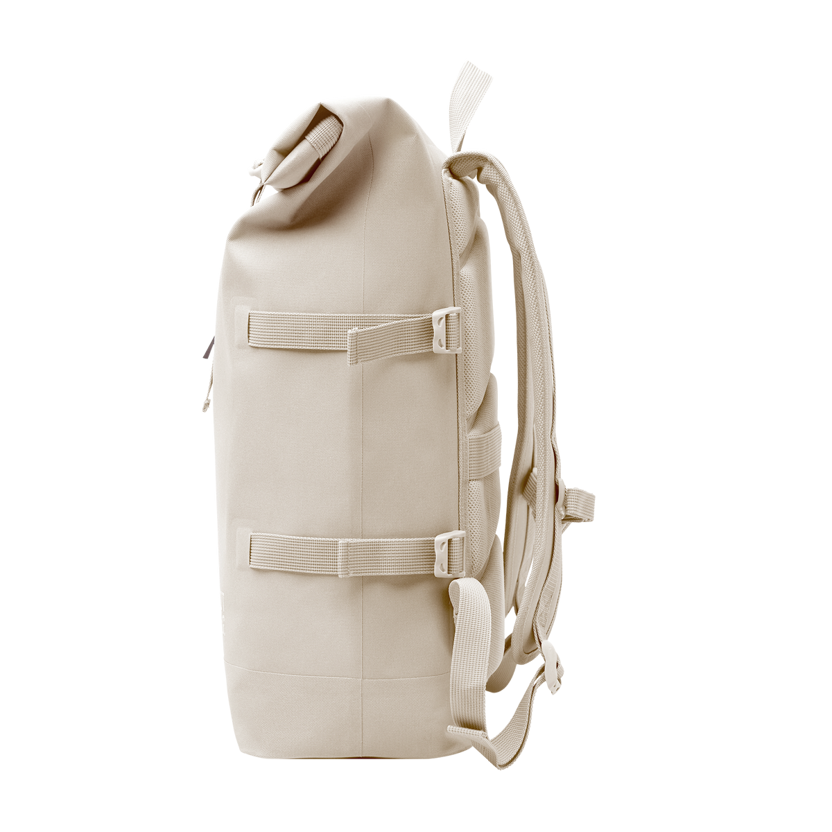 ROLLTOP MONOCHROME EDITION Rucksack in soft shell (warmes Cremeweiß) als Seitenansicht.