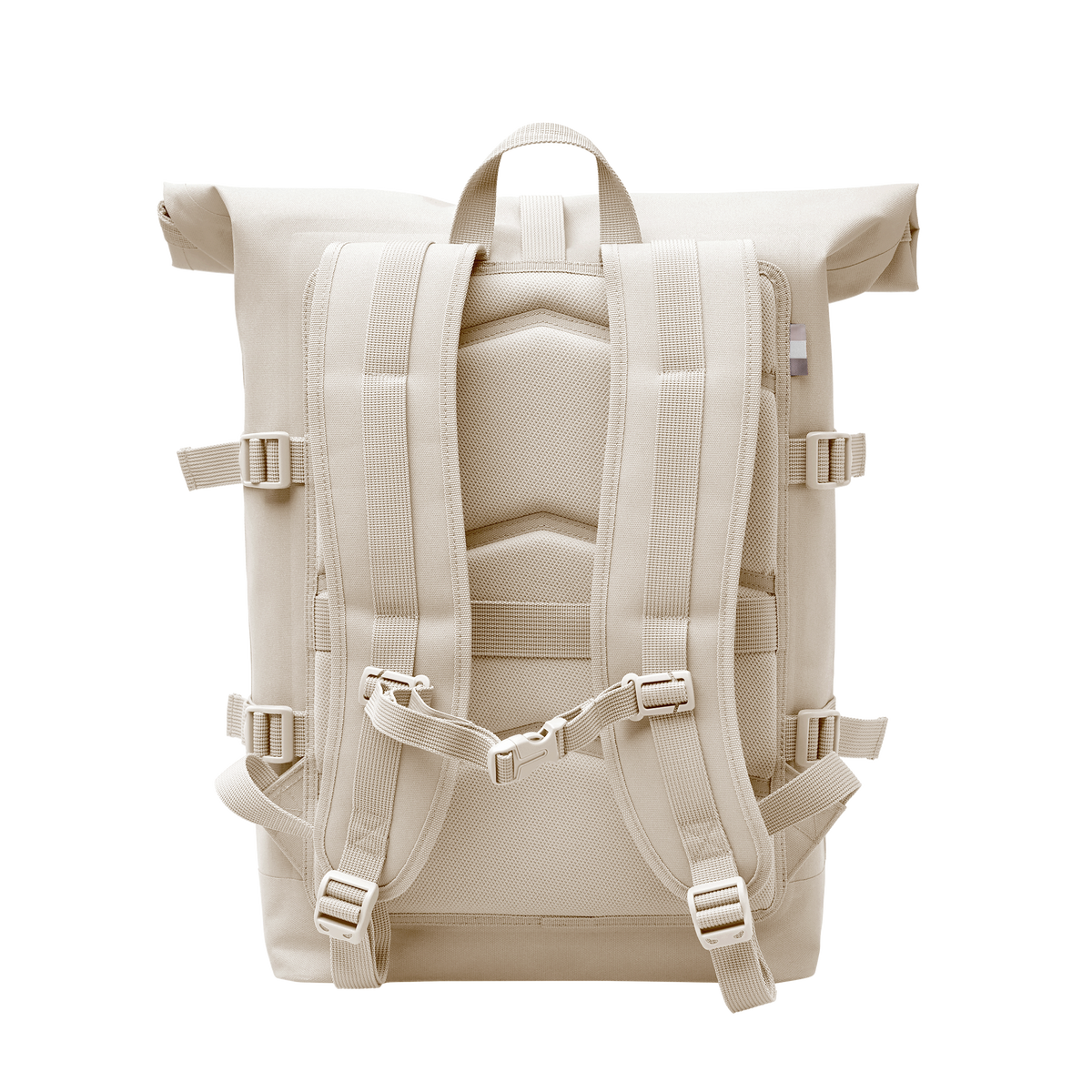 ROLLTOP Monochrome Edition Rucksack in soft shell (warmes Cremeweiß) als Studioaufnahme in Rückansicht.