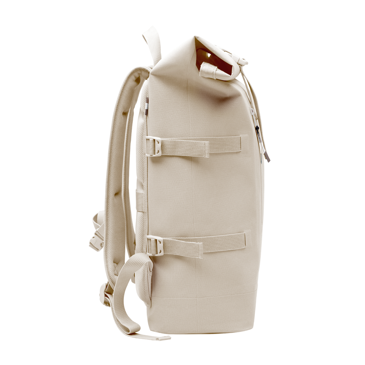 ROLLTOP MONOCHROME EDITION Rucksack in soft shell (warmes Cremeweiß) als Seitenansicht.