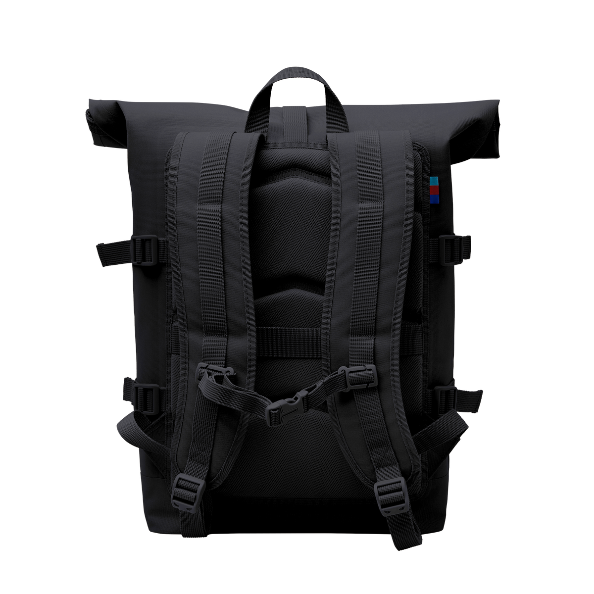 ROLLTOP Rucksack mit gepolsterten Schultergurten, atmungsaktivem Rückenpanel, Rollverschluss und Kompressionsriemen, Rückansicht.