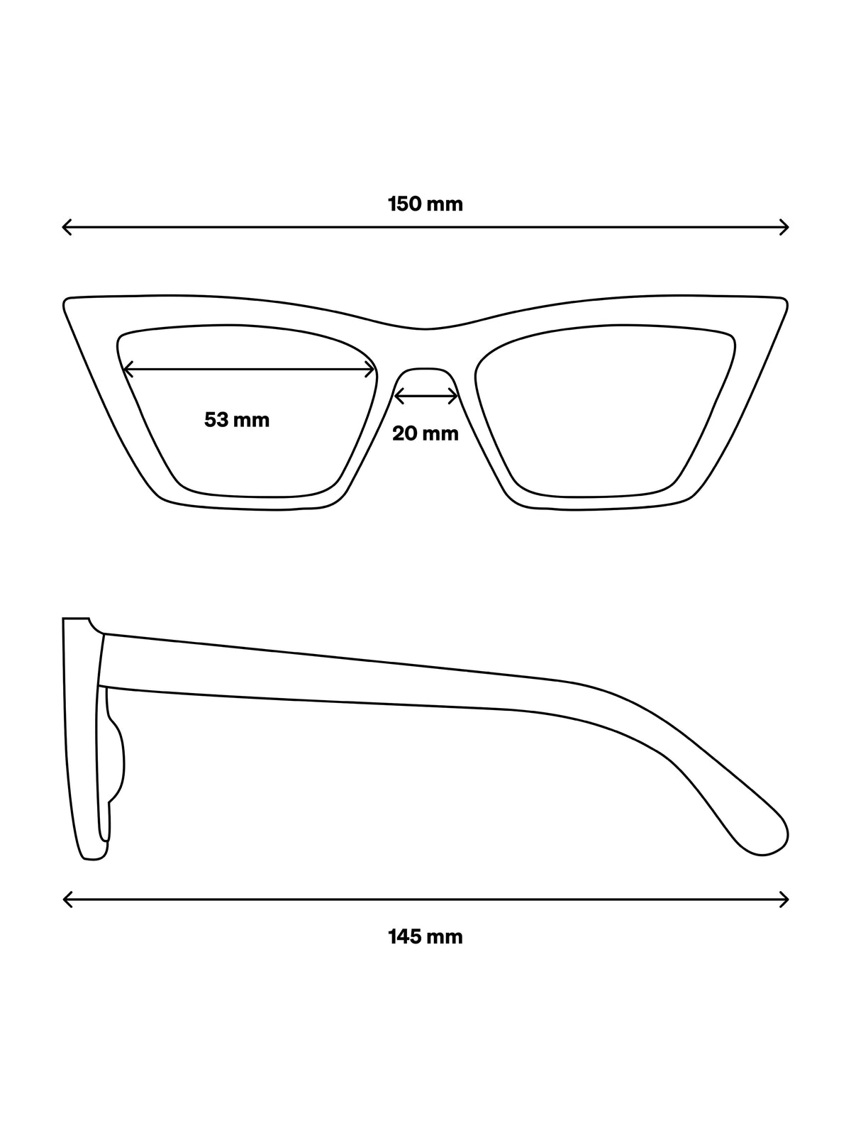RE SHADES NO.02 RE:SHADE, technische Zeichnung mit Maßen für Gesamtbreite, Glasbreite, Stegbreite und Bügellänge.