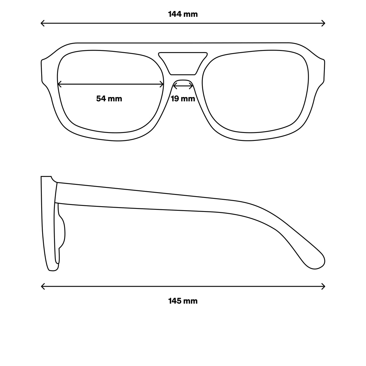 RE SHADES NO als technische Zeichnung mit Maßen, Draufsicht und Seitenansicht.