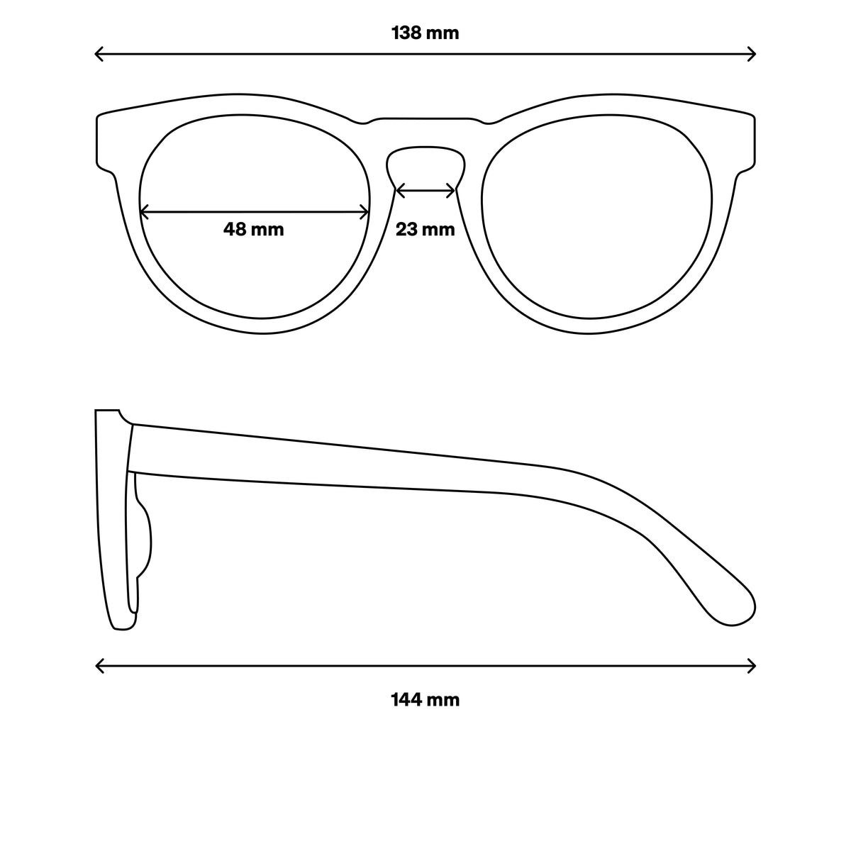 RE SHADES NO.05 RE:SHADE. Maßzeichnung mit Abmessungen 138 mm, 48 mm, 23 mm, 144 mm.