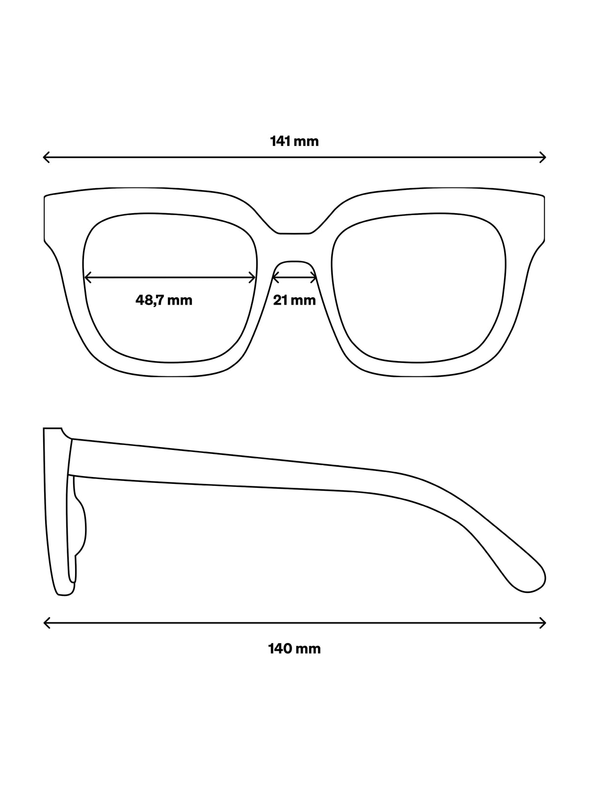 RE SHADES NO.06 RE:SHADE, technische Zeichnung mit Front- & Seitenansicht, Maße 141, 48,7, 21, 140 mm.