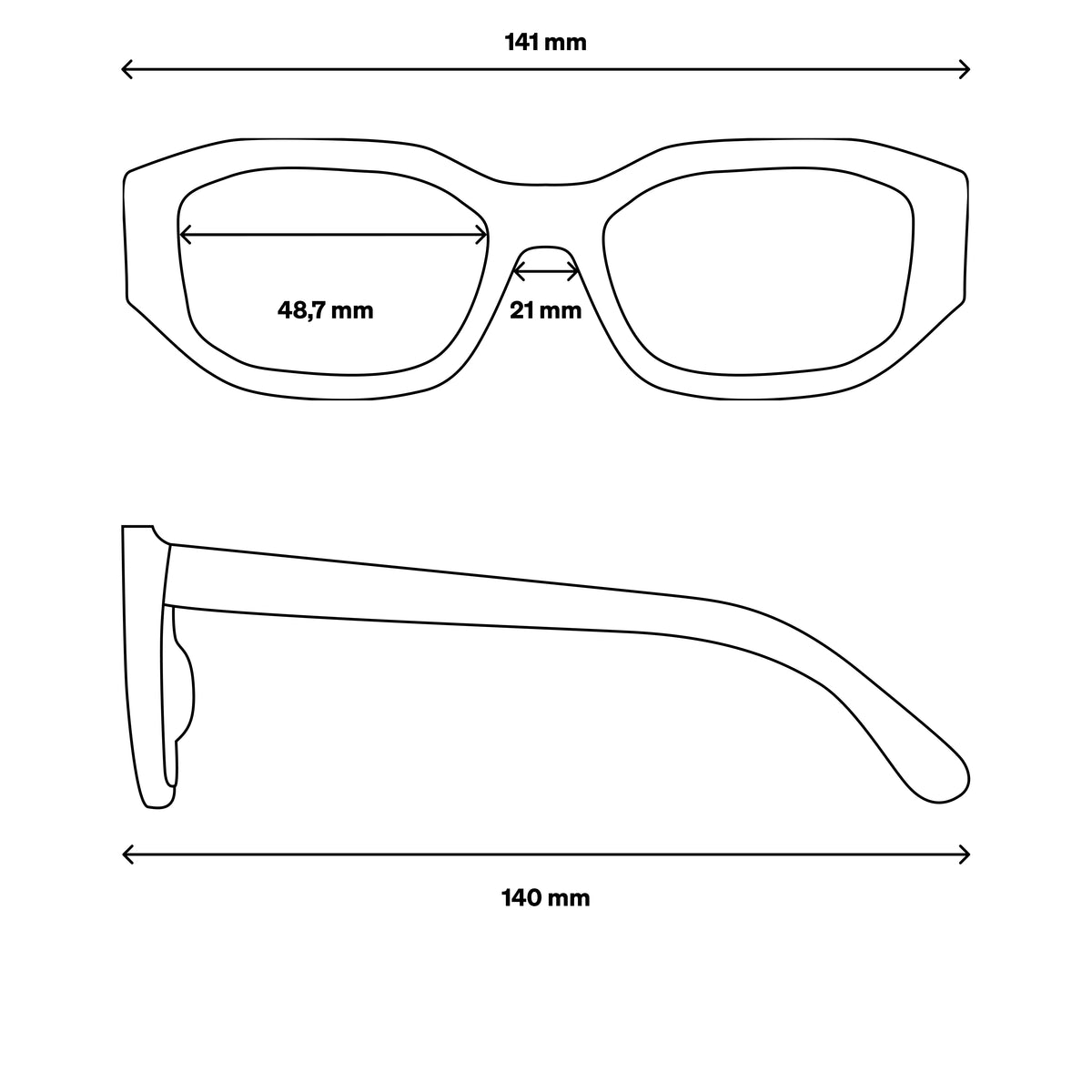 RE SHADES NO RE:SHADE Illustration mit Maßen in Front- und Seitenansicht.