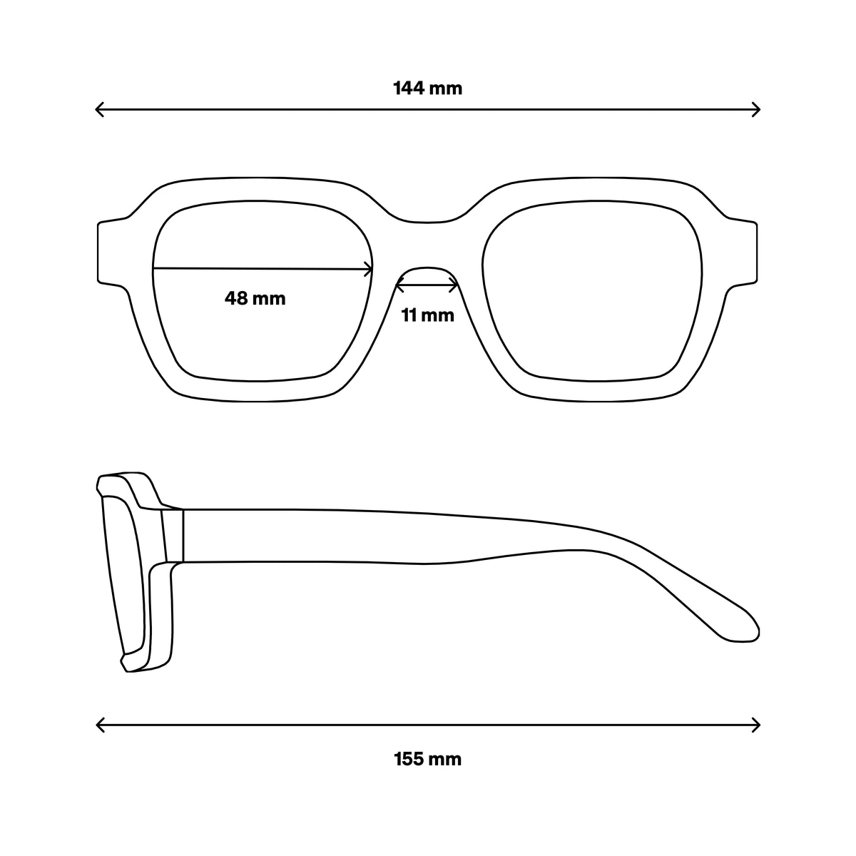 RE SHADES NO. 09 RE:SHADE Maßzeichnung mit Abmessungen von 144, 48, 11 und 155 mm.