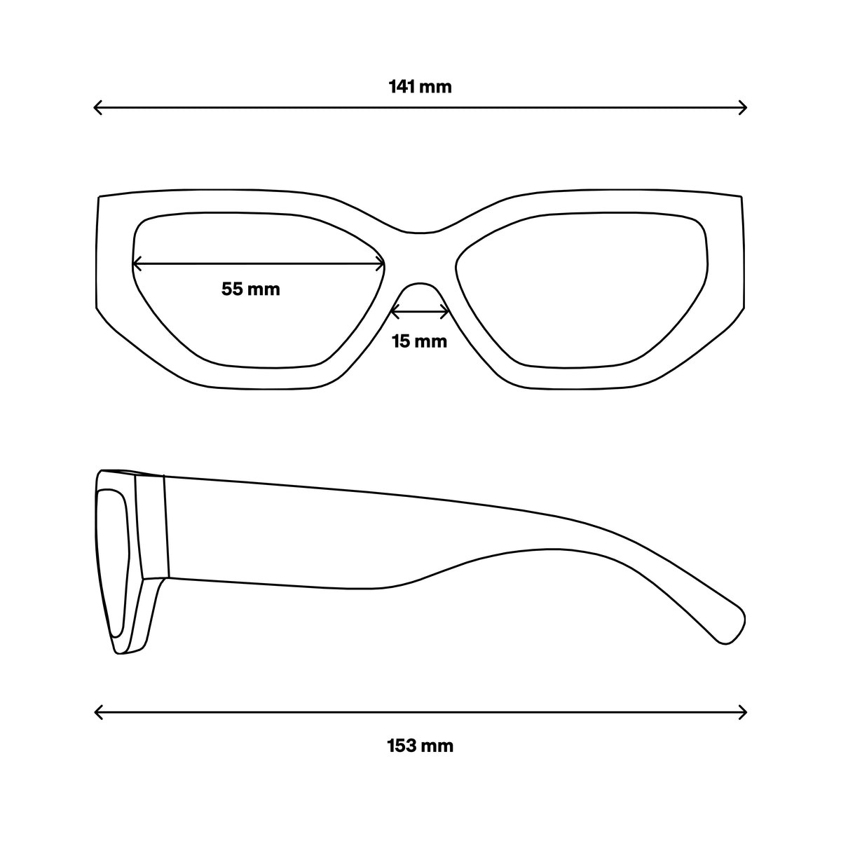 RE SHADES NO RE:SHADE, eine Maßzeichnung mit 141mm Gesamtbreite und 153mm Bügellänge.