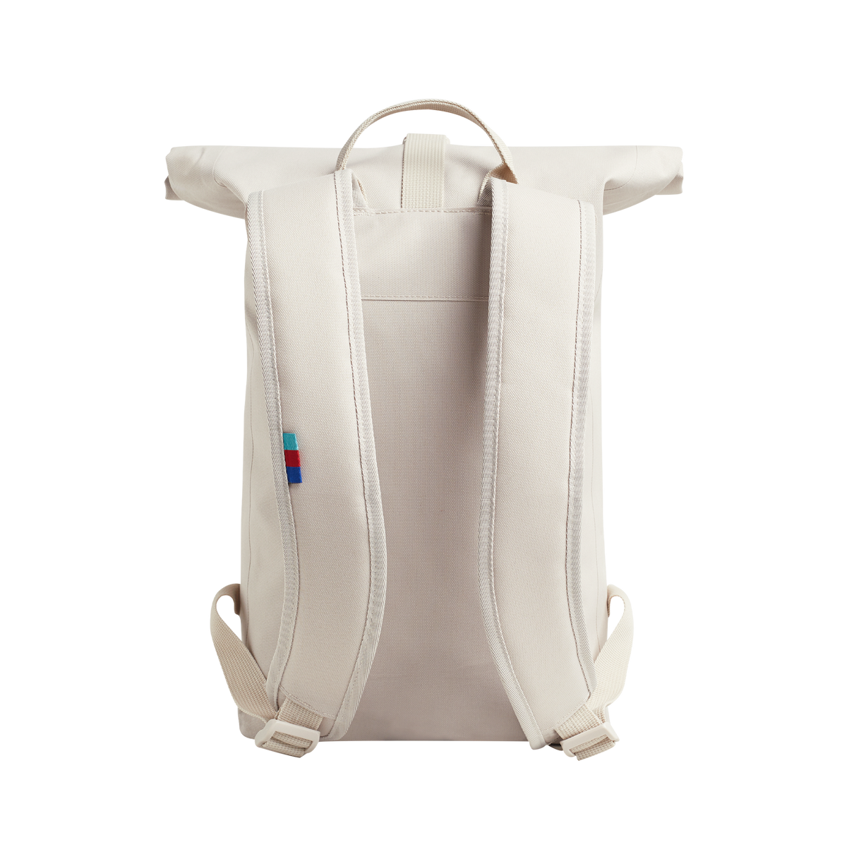 ROLLTOP SMALL Rucksack in soft shell (warmes Cremeweiß) in Rückenansicht.