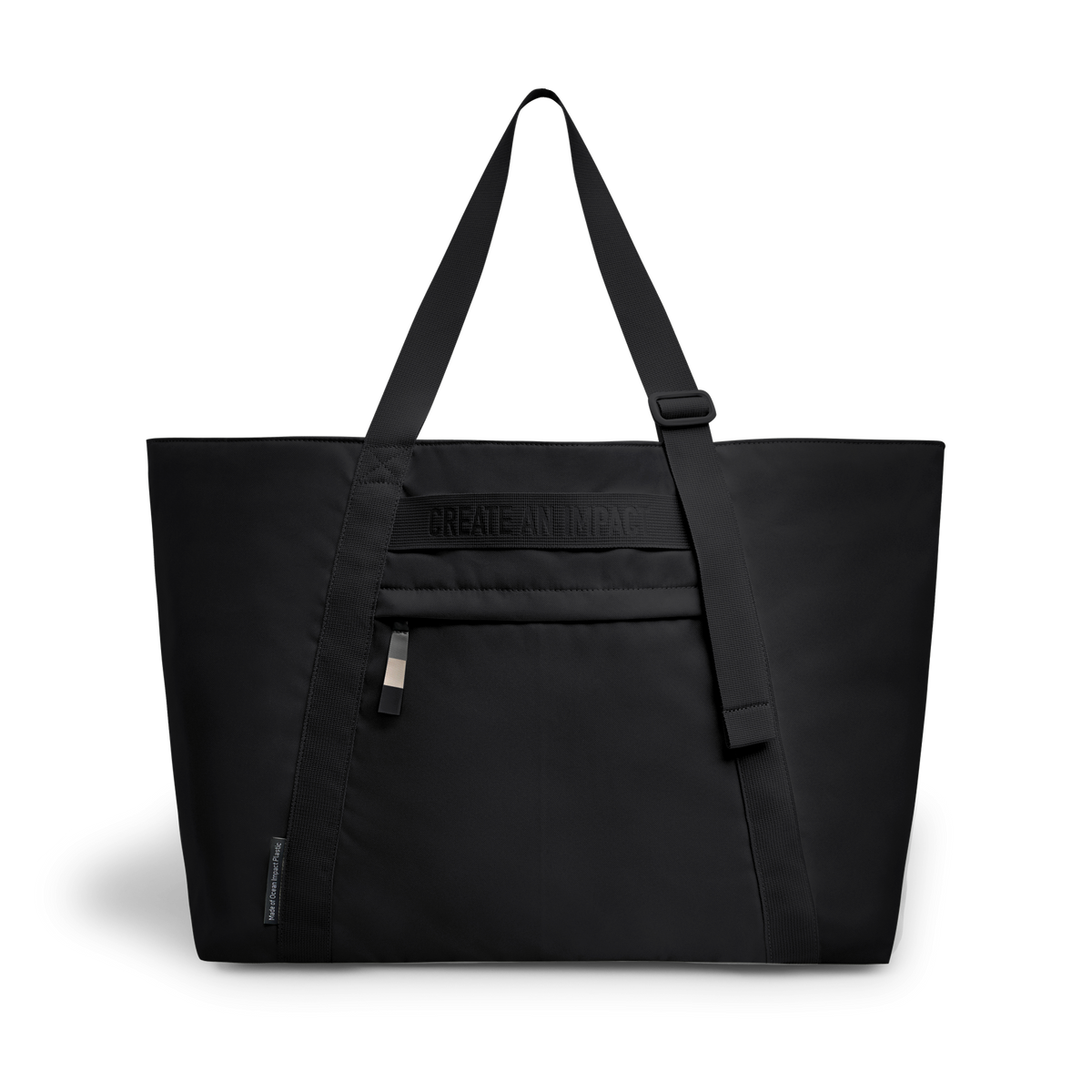 TOTE BAG LARGE Tasche in black (Schwarz) mit CREATE AN IMPACT Schriftzug, Rückansicht.
