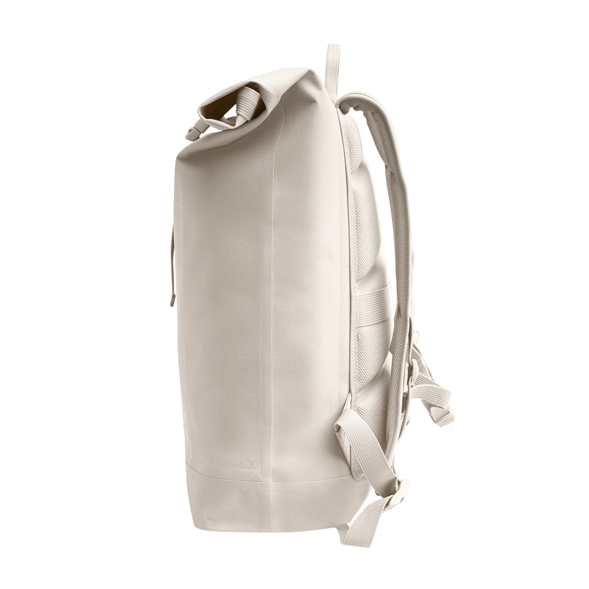 ROLLTOP LITE Rucksack in soft shell (warmes Cremeweiß) als Studioaufnahme in Seitenansicht.