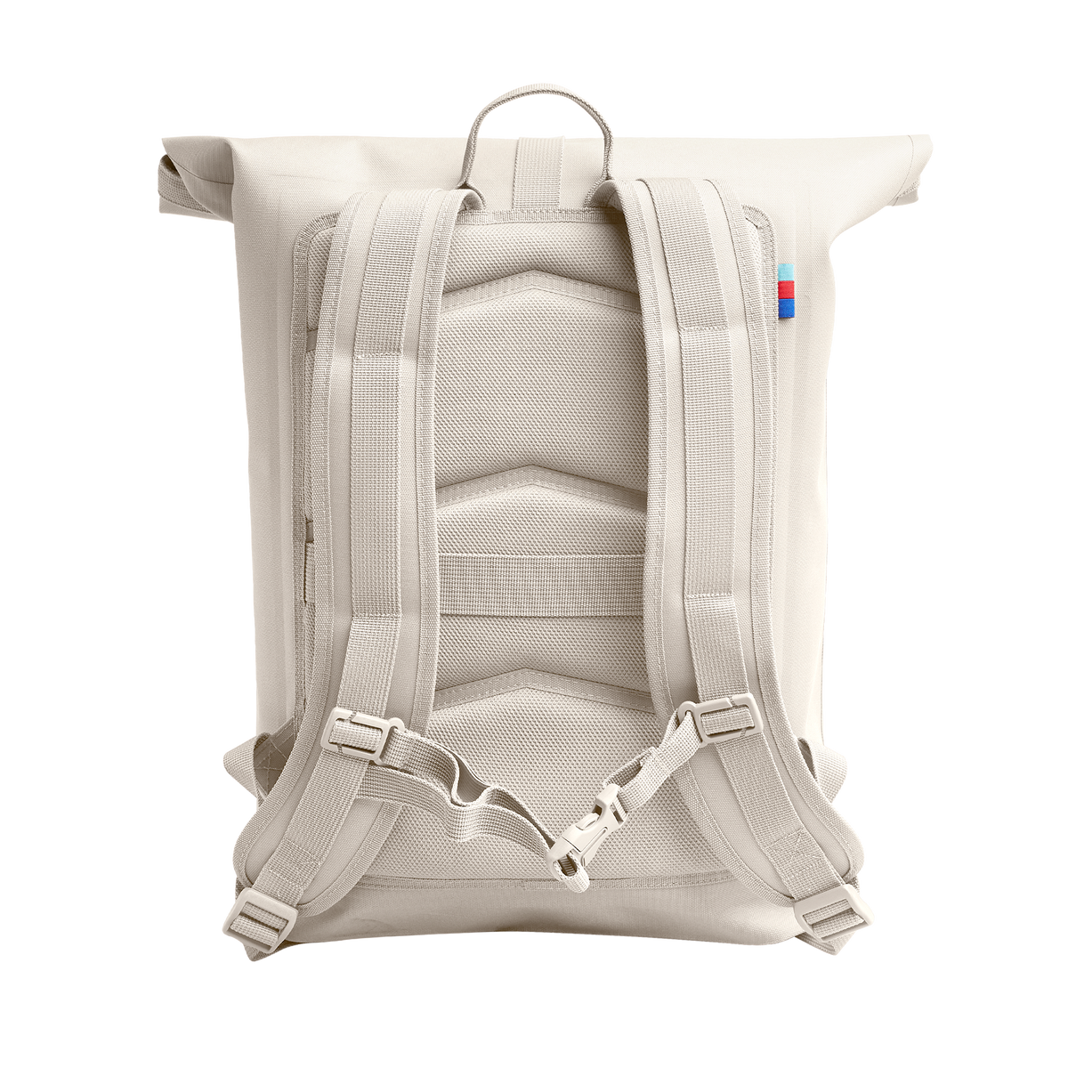 ROLLTOP LITE Rucksack in soft shell (warmes Cremeweiß) in Rückenansicht.
