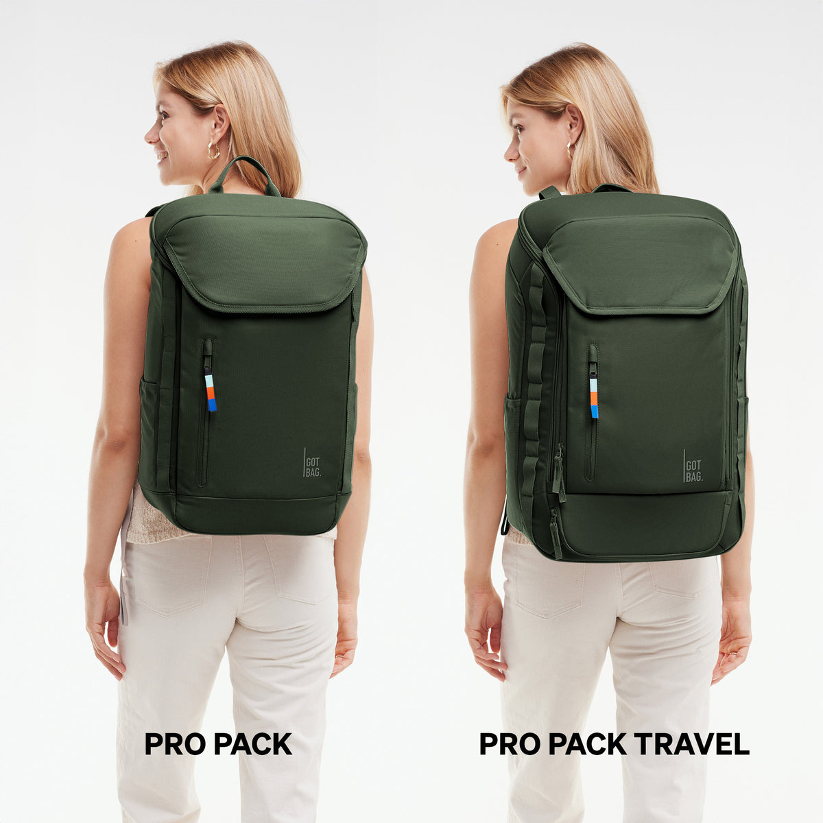 Zwei Frauen tragen PRO PACK Rucksäcke in algae (Dunkelgrün mit Graustich), den PRO PACK und die TRAVEL Variante.