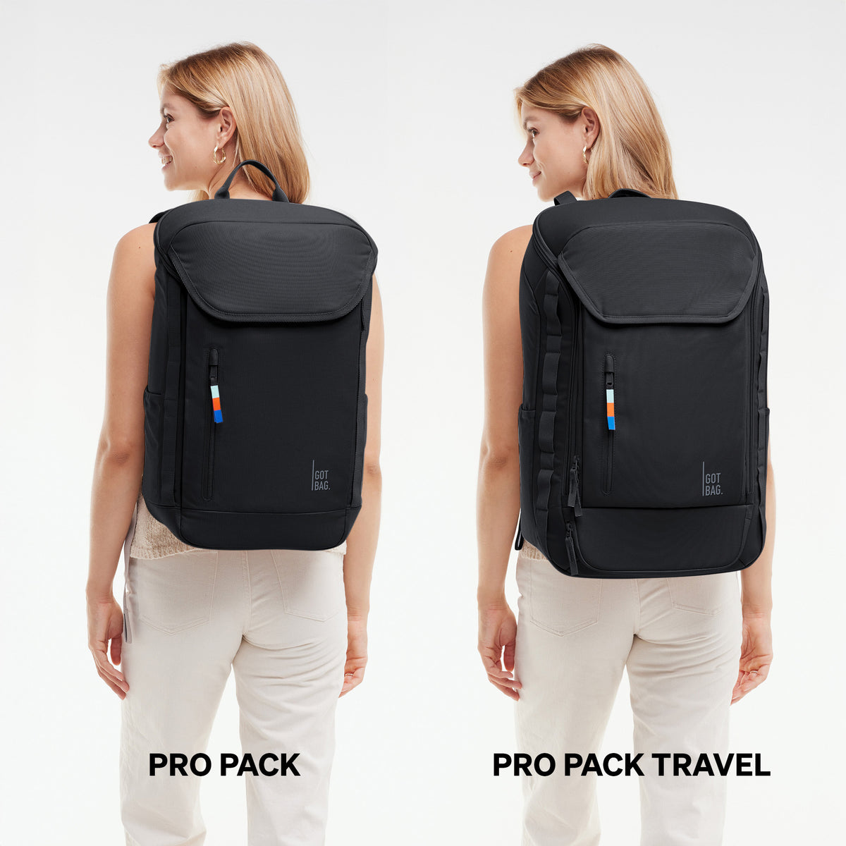 Zwei PRO PACK Rucksäcke in black (Schwarz), der PRO PACK und der PRO PACK TRAVEL, von Frauen auf dem Rücken getragen.