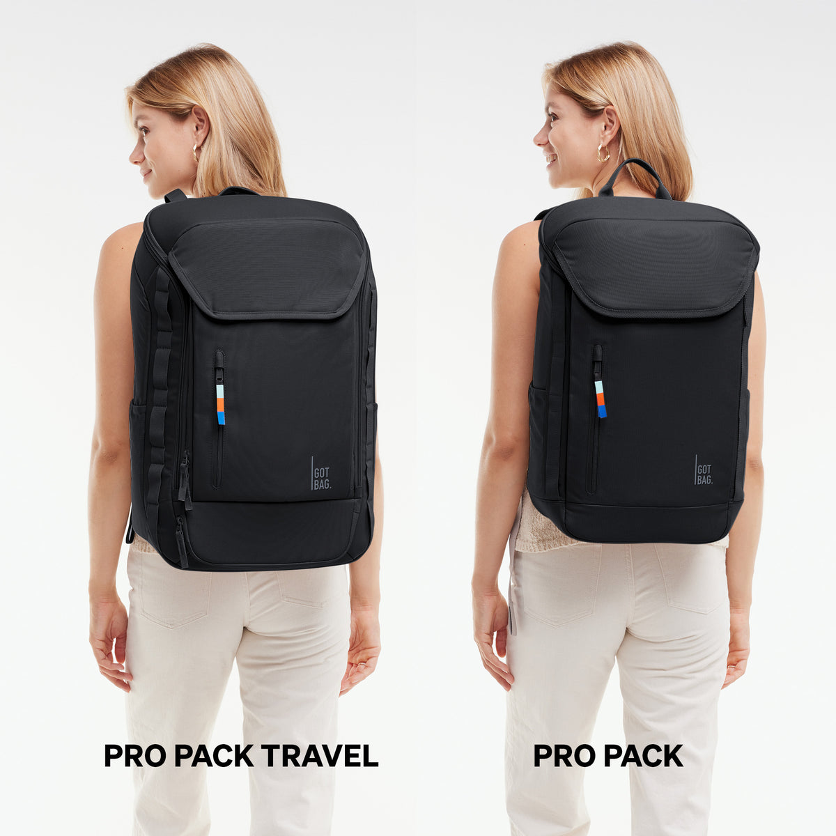 PRO PACK TRAVEL und PRO PACK Rucksäcke in black (Schwarz) von einer Frau in Rückenansicht getragen im Vergleich.