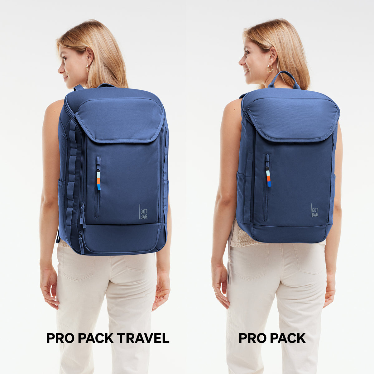 Zwei Frauen tragen PRO PACK TRAVEL und PRO PACK Rucksäcke auf dem Rücken, von hinten gesehen.