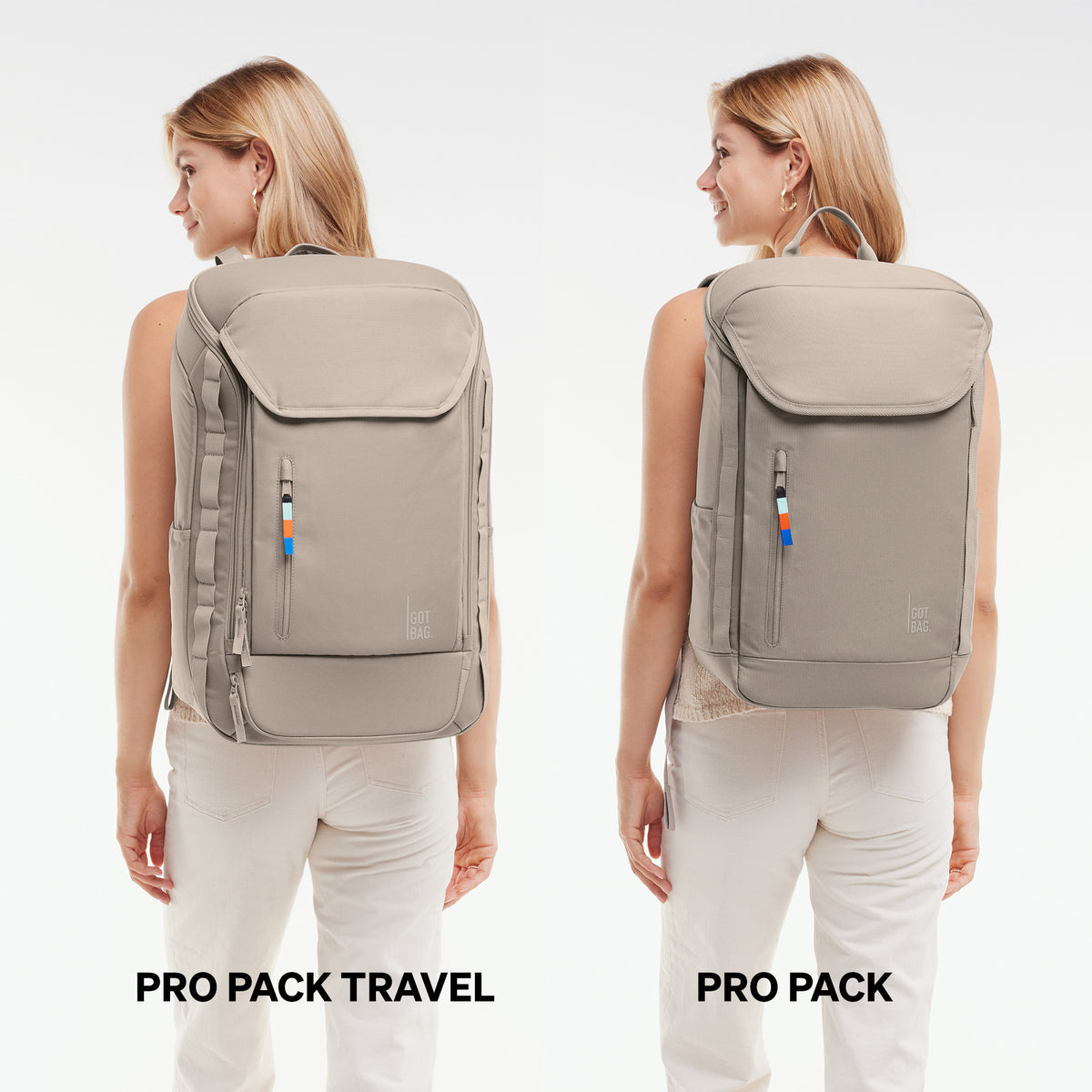 Zwei Frauen tragen PRO PACK TRAVEL und PRO PACK Rucksäcke in scallop (helles Beige) auf dem Rücken.