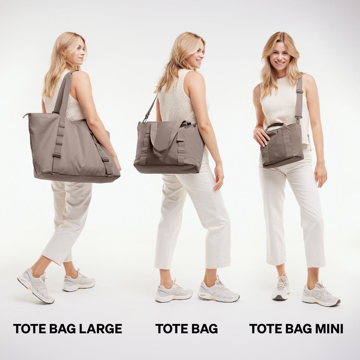 Eine Frau präsentiert drei TOTE BAG Taschen in unterschiedlichen Größen: LARGE, Standardgröße und MINI.