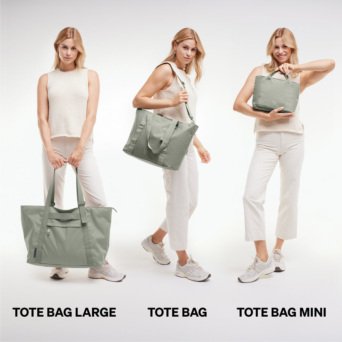 Drei Frauen zeigen TOTE BAG Taschen in bass (Salbeigrün) in unterschiedlichen Größen.