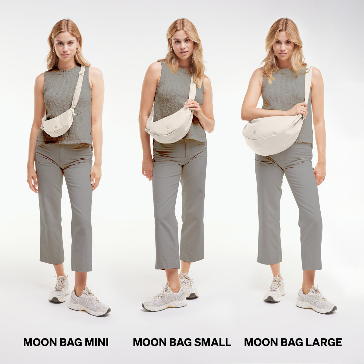 MOON BAG Tasche in soft shell (warmes Cremeweiß) von einer Frau crossbody getragen in drei Größen.
