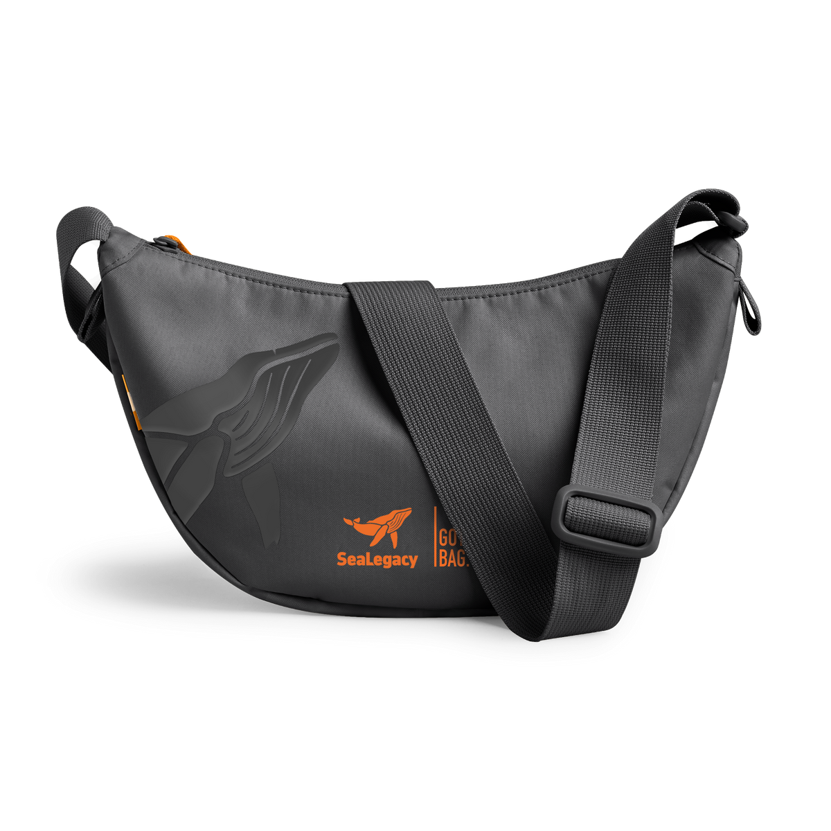 MOON BAG SMALL Tasche in shark (Dunkelgrau) mit SeaLegacy Branding und Wal-Motiv, als Studioaufnahme in Frontansicht.