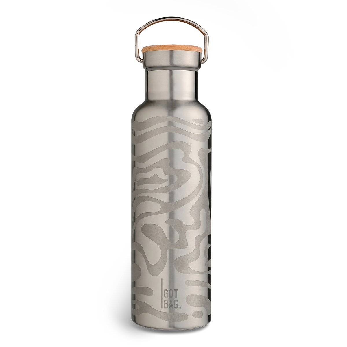 BOTTLE akcesorium ze stali nierdzewnej z widokiem z przodu z drewnianą pokrywką, metalowym uchwytem i falistym wzorem.