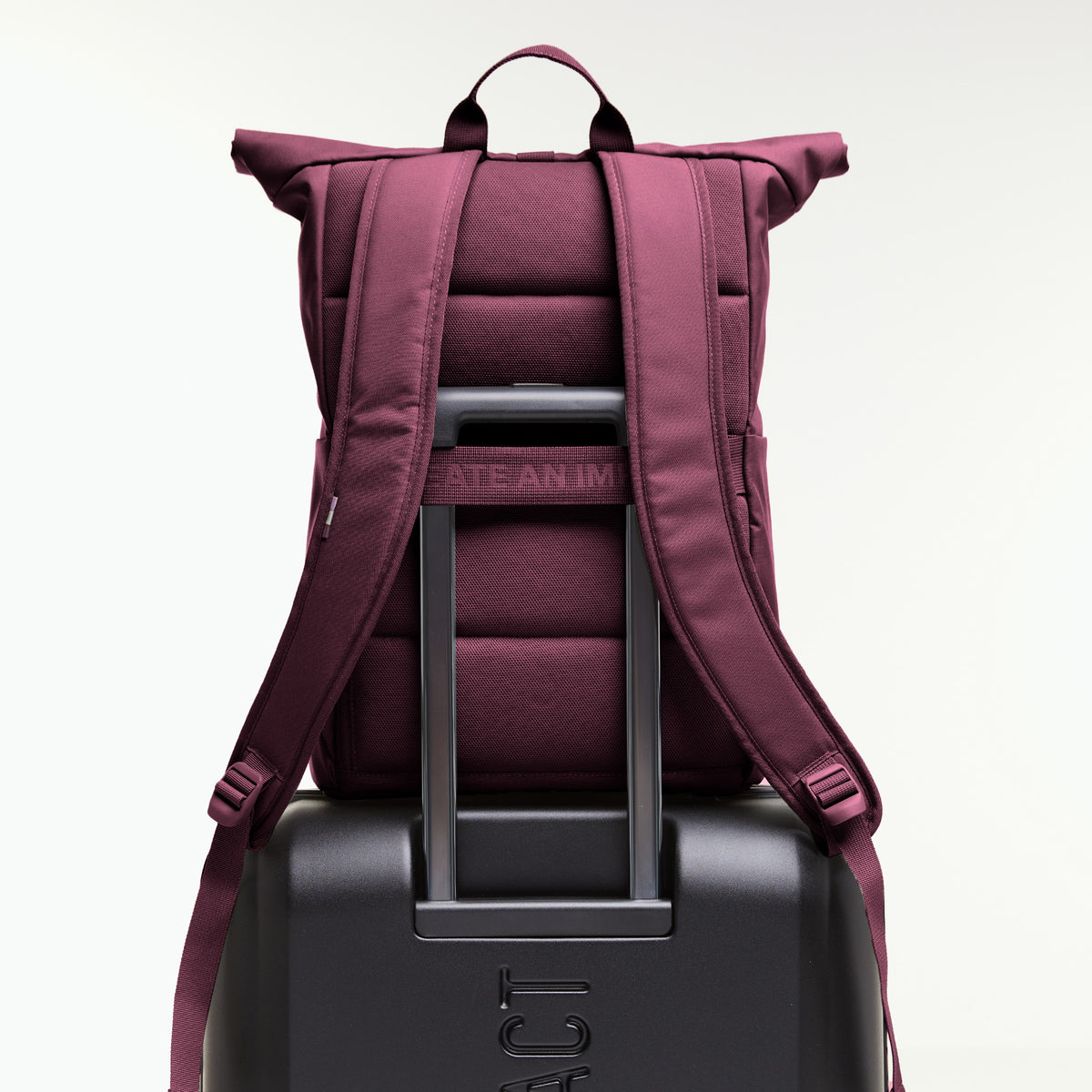 ROLLTOP EASY Rucksack in kraken (Weinrot) auf dem Ausziehgriff eines schwarzen Koffers, Rückansicht.