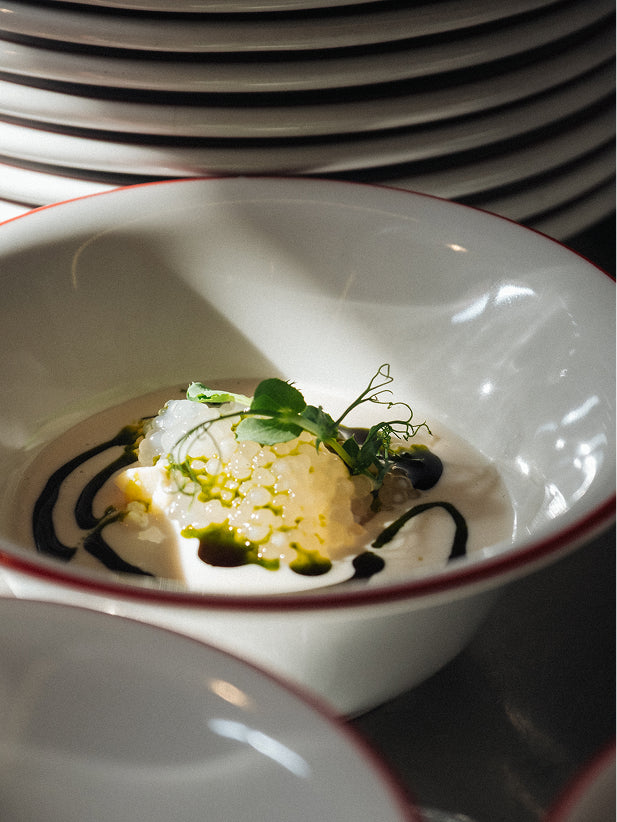 Accessories: A dish in a white bowl with red rim, garnished with herbs, as a detail shot.