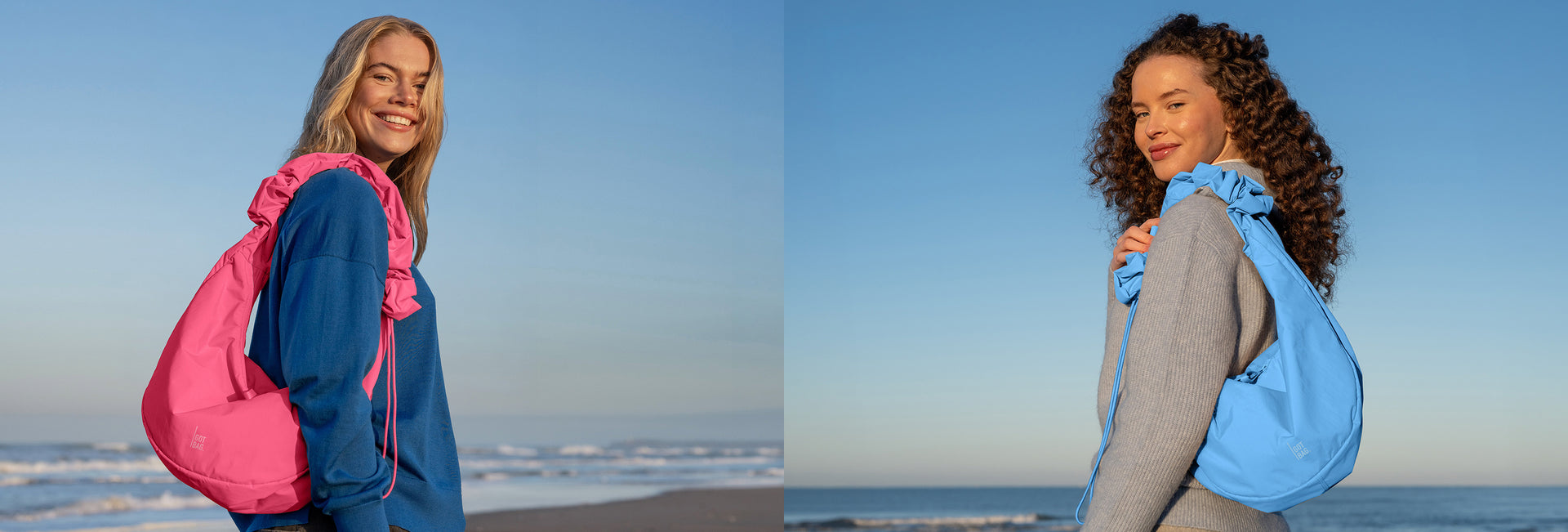Donna con una borsa, portata a spalla, in spiaggia.