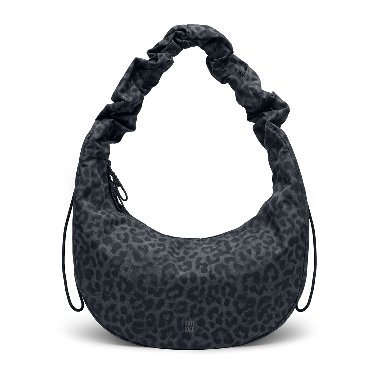 MOON BAG RUFFLE CAT SHARK Tasche in shark (Dunkelgrau) mit Leopardenmuster in Frontansicht.