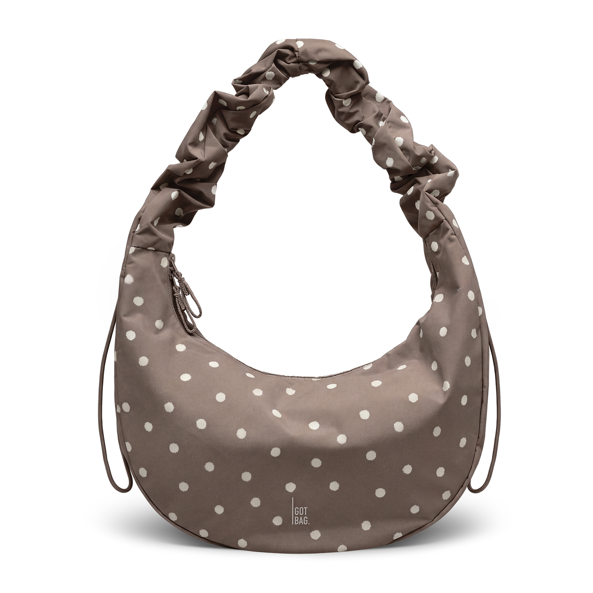MOONBAGRUFFLEDOT borsa in oyster (tortora) con punti bianchi, vista frontale.