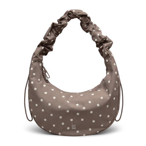 MOONBAGRUFFLEDOT borsa in oyster (tortora) con punti bianchi, vista frontale.