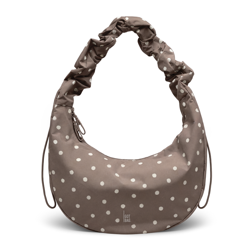 MOONBAGRUFFLEDOT bag in oyster (classic taupe-brown) with white dots, front view.