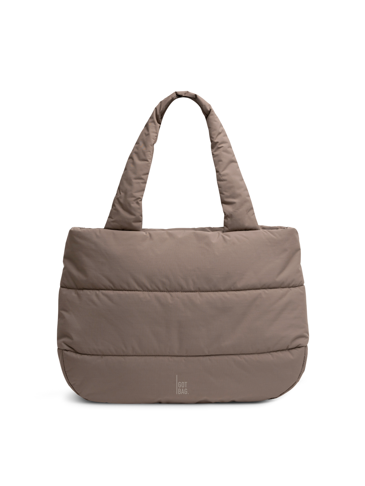 PUFFER HORIZON TOTE BAG Tasche in oyster (klassisches Taupe-Braun) als Studioaufnahme in Frontansicht.