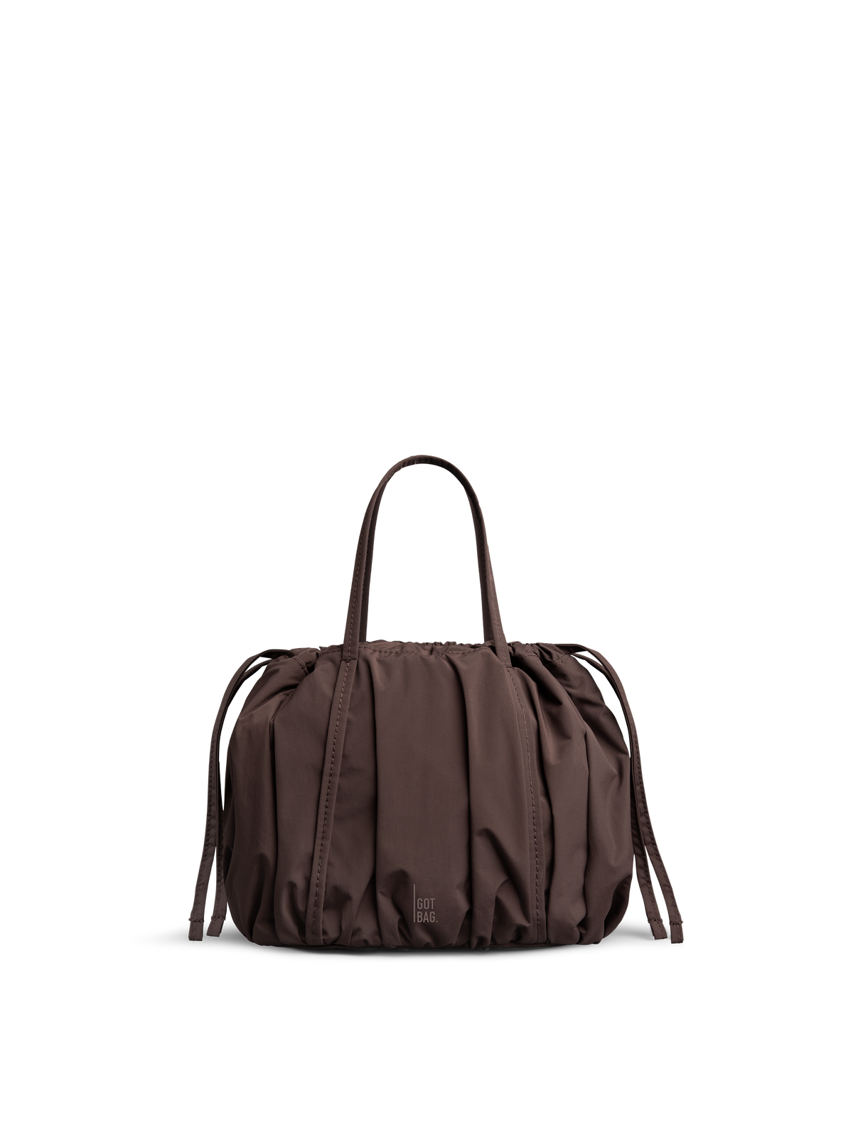SHELLY BUCKET BAG Tasche in sea lion (dunkles Schokobraun) als Studioaufnahme in Frontansicht.