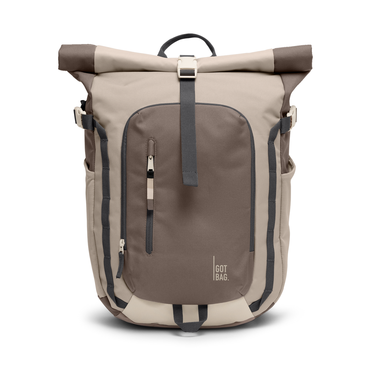 ROLLTOPADVENTUREMONOCHROME sac à dos en multioyster avec fermeture roll-top et poches zippées, vue de face.