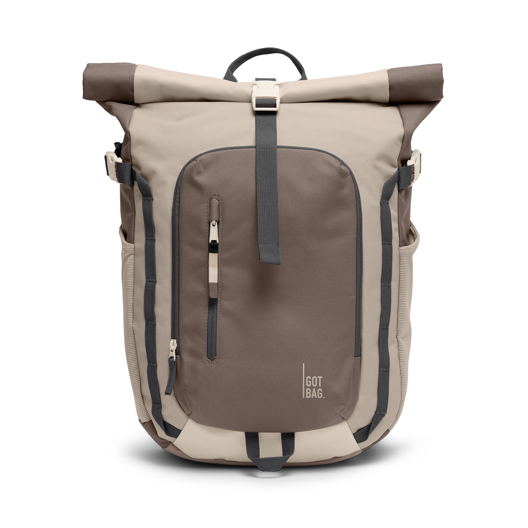 ROLLTOPADVENTUREMONOCHROME sac à dos en multioyster avec fermeture roll-top et poches zippées, vue de face.