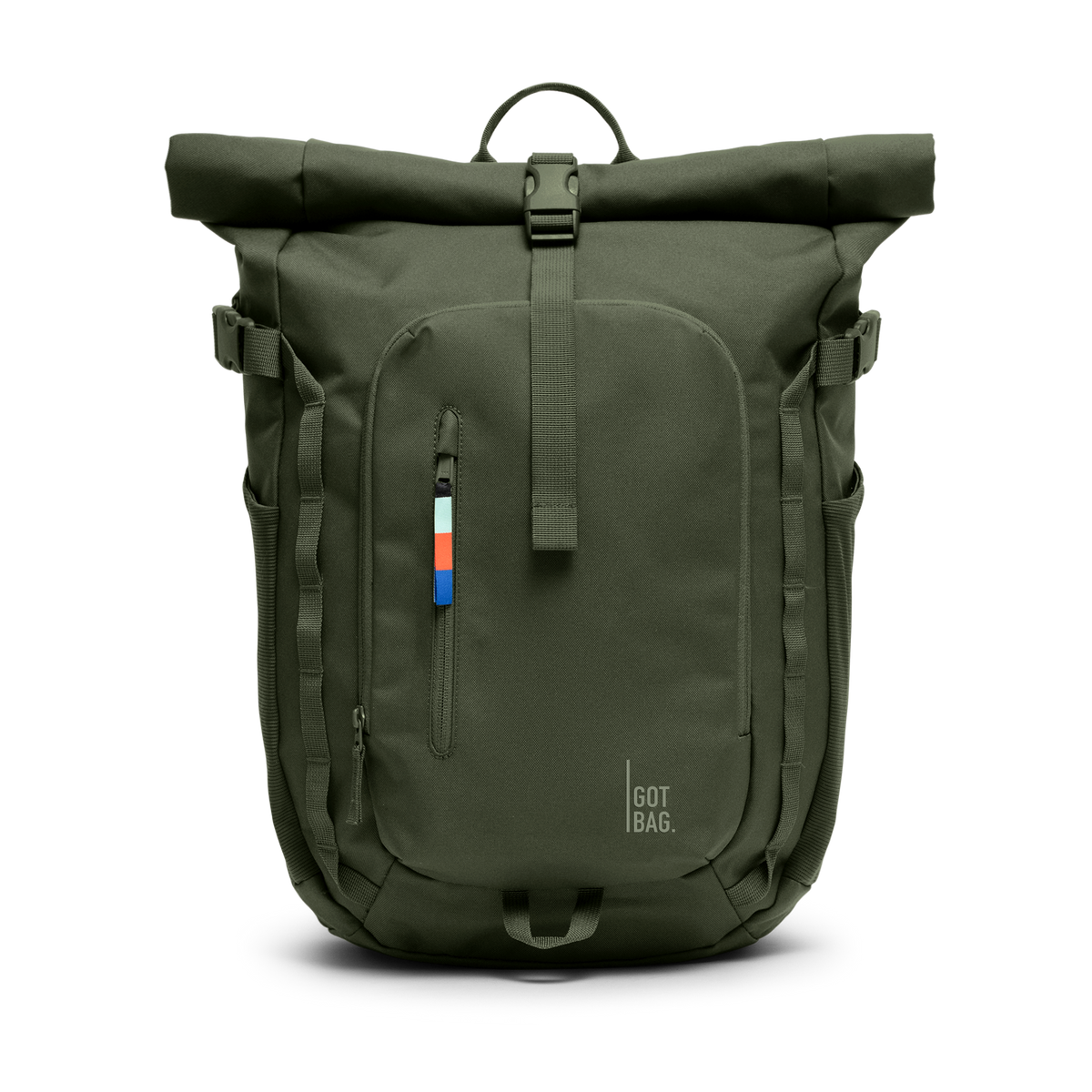 ROLLTOPADVENTURE sac à dos en algae (vert foncé avec une nuance de gris) en vue de face en studio.