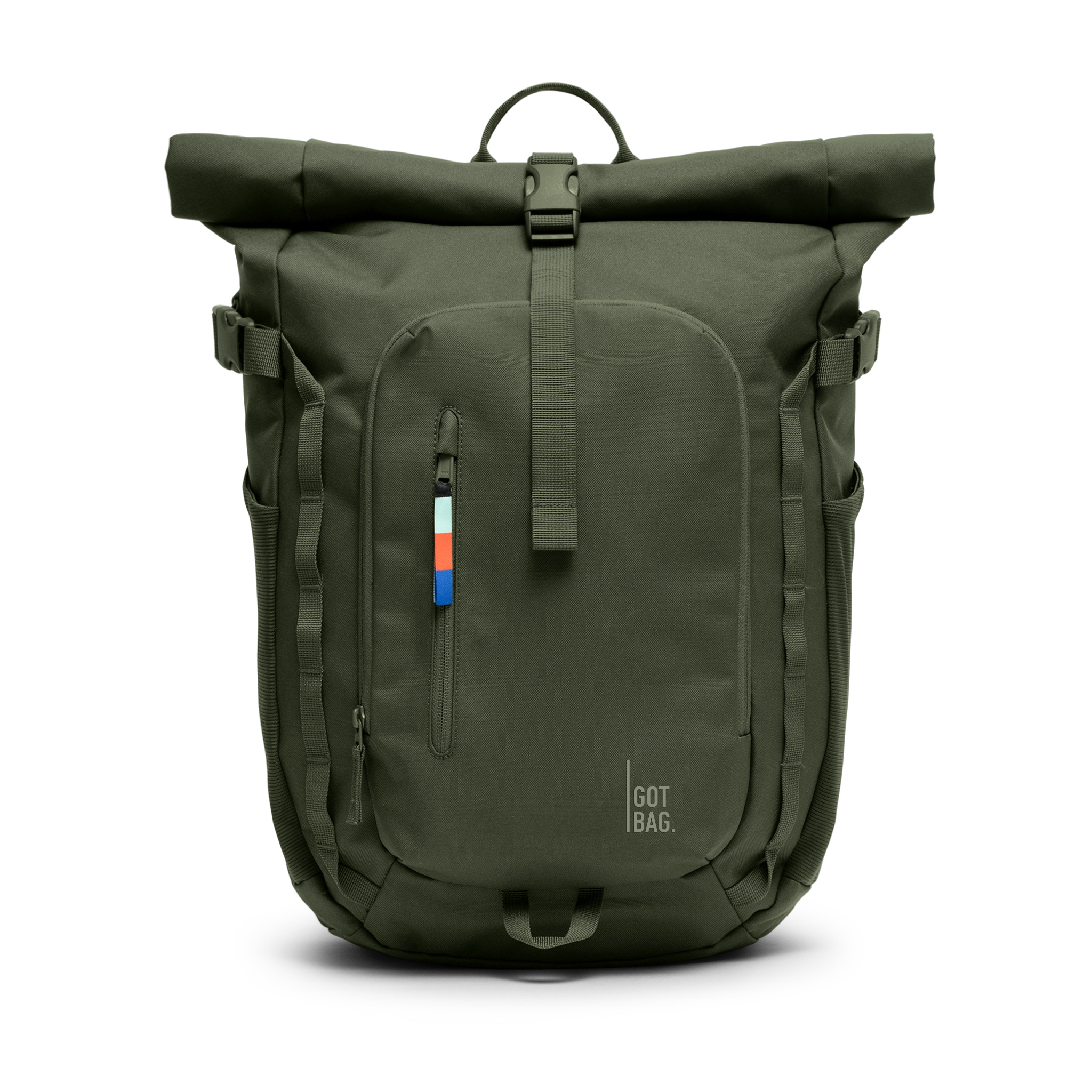 ROLLTOPADVENTURE sac à dos en algae (vert foncé avec une nuance de gris) en vue de face en studio.