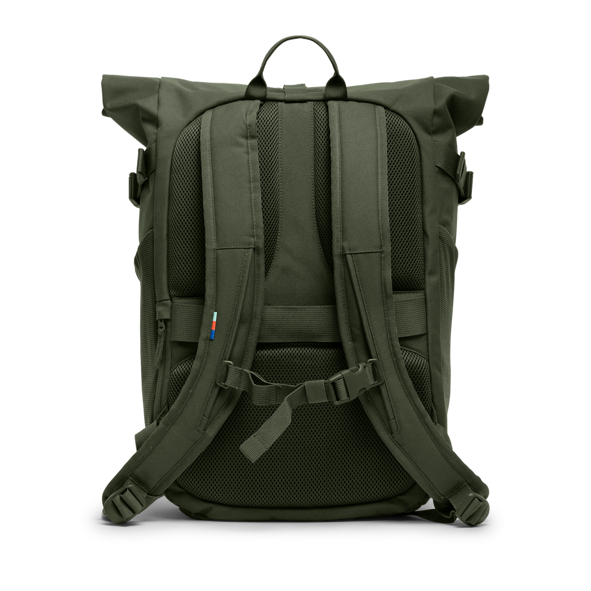 ROLLTOP ADVENTURE Rucksack in algae (Dunkelgrün mit Graustich) als Rückansicht.