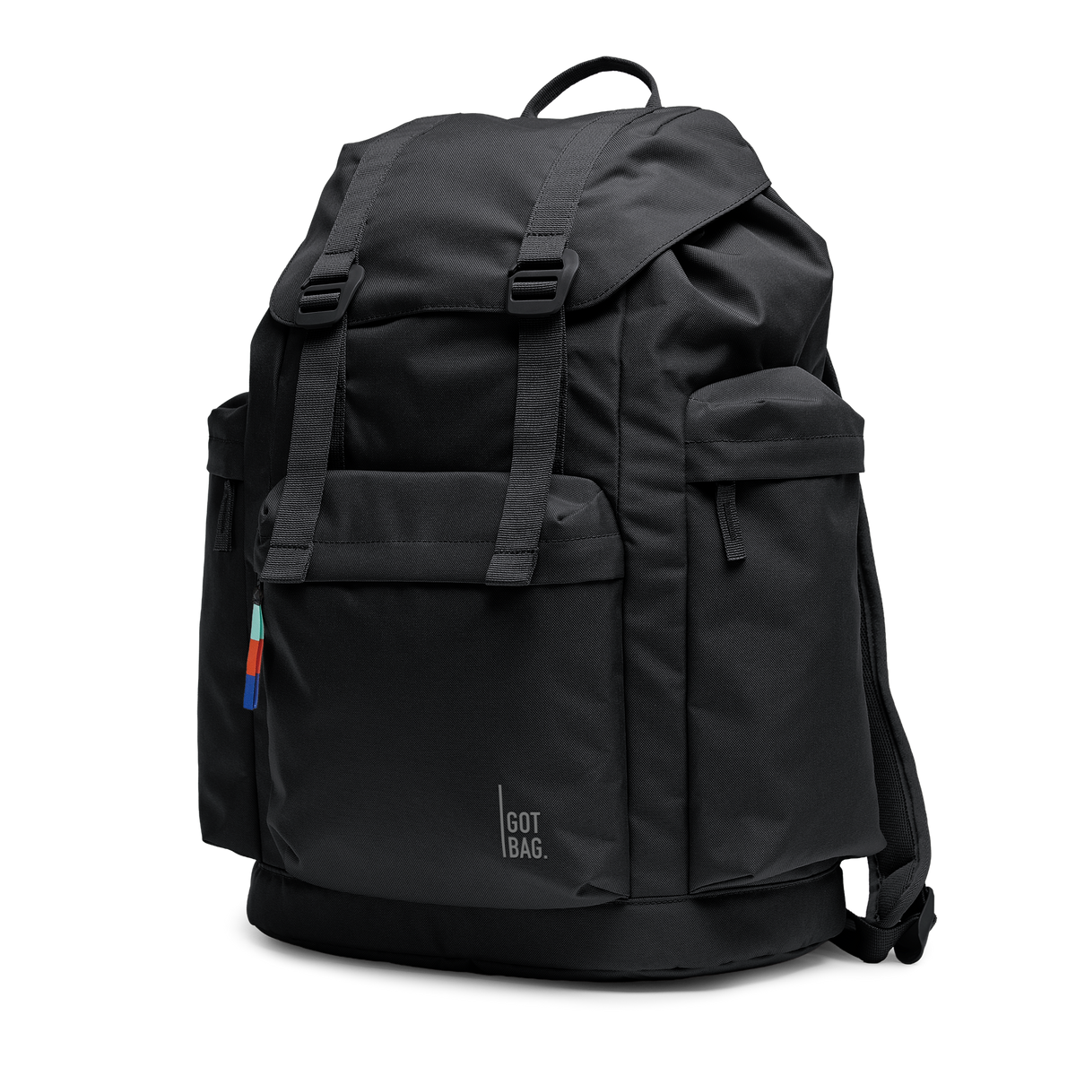FLAP PACK LARGE Rucksack in black (Schwarz) in diagonaler Ansicht.