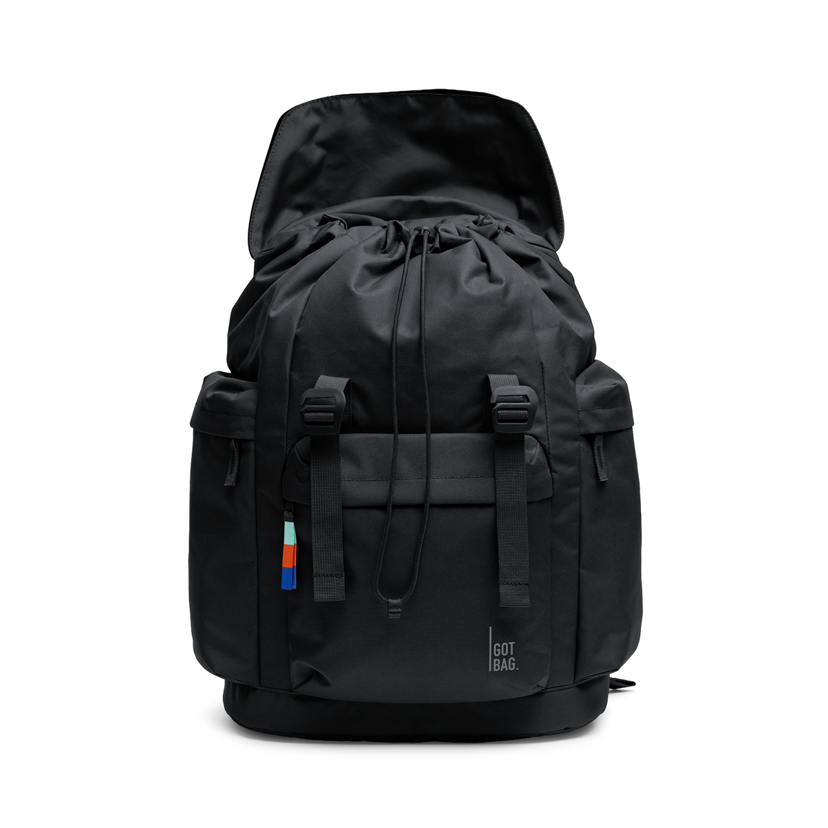 FLAP PACK LARGE Rucksack in black (Schwarz) mit offenem Hauptfach in Frontansicht.