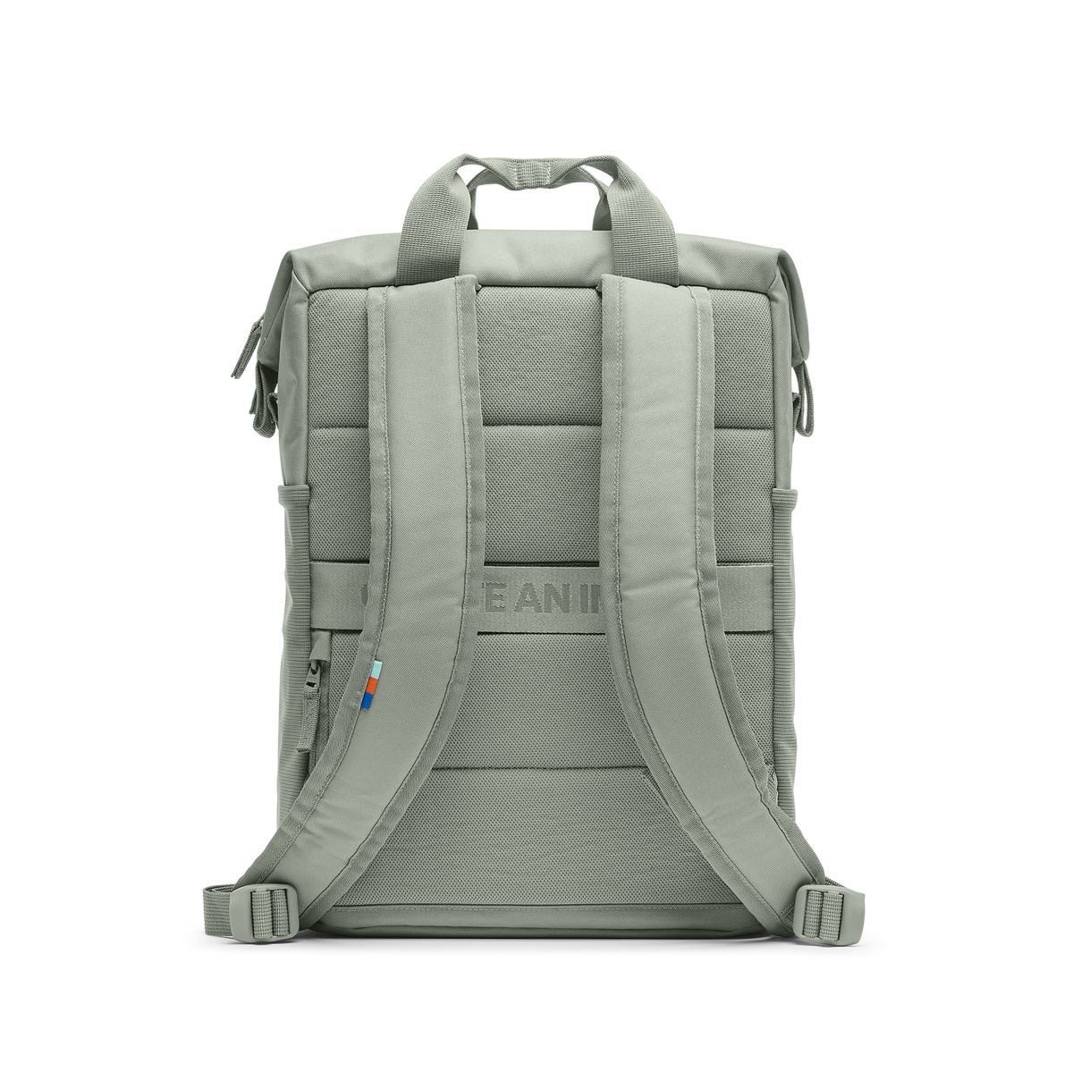 FLOW PACK Rucksack in bass (Salbeigrün) in Rückenansicht.