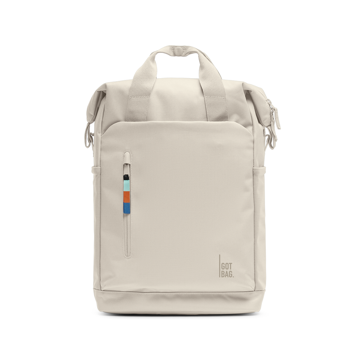 FLOW PACK zaino in soft shell (bianco panna caldo) come scatto in studio con vista frontale.